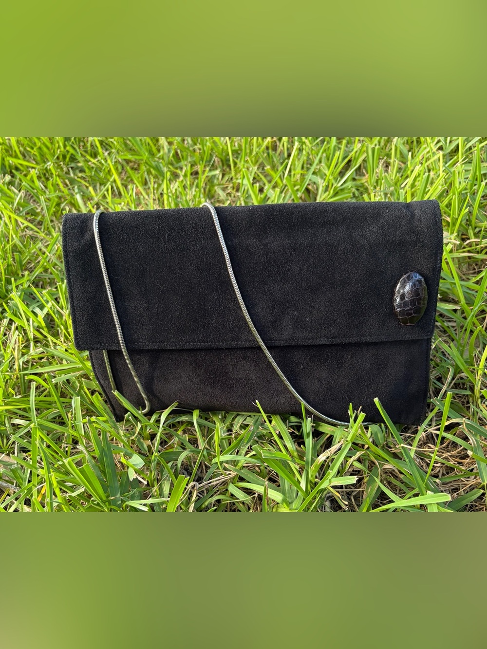 Vintage Black Suede Flap Clutch with Chain Strap
